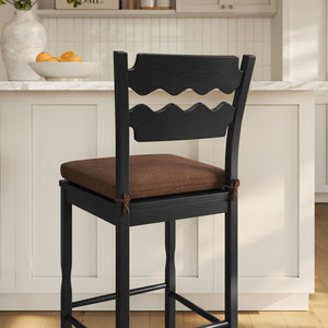 Modway Furniture Jax Solid Oak Vintage Bistro Barstool with Wavy Back and Cushioned Seat for Home Bar Black Cocoa EEI-7519-BLK-COA