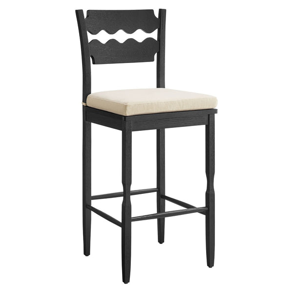 Modway Furniture Jax Solid Oak Vintage Bistro Barstool with Wavy Back and Cushioned Seat for Home Bar Black Linen EEI-7519-BLK-LIN
