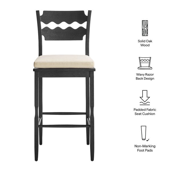 Modway Furniture Jax Solid Oak Vintage Bistro Barstool with Wavy Back and Cushioned Seat for Home Bar Black Linen EEI-7519-BLK-LIN