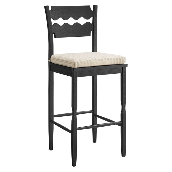 Modway Furniture Jax Solid Oak Vintage Bistro Barstool with Wavy Back and Cushioned Seat for Home Bar Black Oatmeal Stripe EEI-7519-BLK-OAS