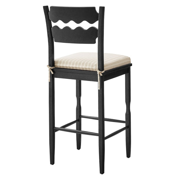 Modway Furniture Jax Solid Oak Vintage Bistro Barstool with Wavy Back and Cushioned Seat for Home Bar Black Oatmeal Stripe EEI-7519-BLK-OAS