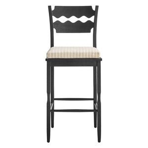 Modway Furniture Jax Solid Oak Vintage Bistro Barstool with Wavy Back and Cushioned Seat for Home Bar Black Oatmeal Stripe EEI-7519-BLK-OAS