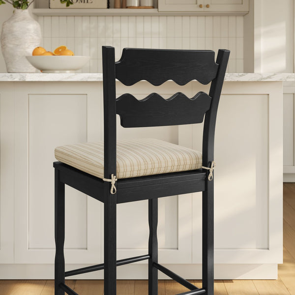 Modway Furniture Jax Solid Oak Vintage Bistro Barstool with Wavy Back and Cushioned Seat for Home Bar Black Oatmeal Stripe EEI-7519-BLK-OAS
