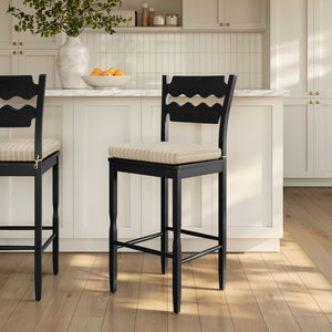 Modway Furniture Jax Solid Oak Vintage Bistro Barstool with Wavy Back and Cushioned Seat for Home Bar Black Oatmeal Stripe EEI-7519-BLK-OAS