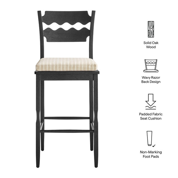 Modway Furniture Jax Solid Oak Vintage Bistro Barstool with Wavy Back and Cushioned Seat for Home Bar Black Oatmeal Stripe EEI-7519-BLK-OAS