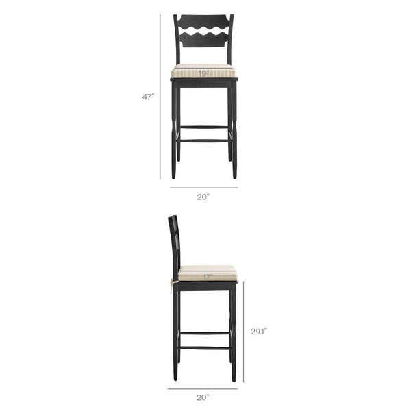 Modway Furniture Jax Solid Oak Vintage Bistro Barstool with Wavy Back and Cushioned Seat for Home Bar Black Oatmeal Stripe EEI-7519-BLK-OAS