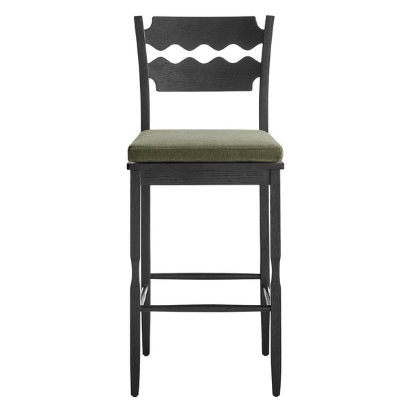 Modway Furniture Jax Solid Oak Vintage Bistro Barstool with Wavy Back and Cushioned Seat for Home Bar Black Sage EEI-7519-BLK-SGE