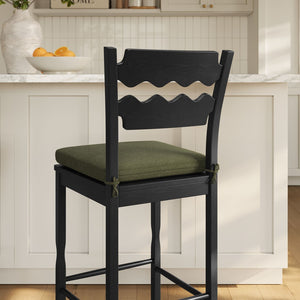 Modway Furniture Jax Solid Oak Vintage Bistro Barstool with Wavy Back and Cushioned Seat for Home Bar Black Sage EEI-7519-BLK-SGE