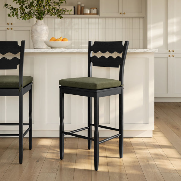 Modway Furniture Jax Solid Oak Vintage Bistro Barstool with Wavy Back and Cushioned Seat for Home Bar Black Sage EEI-7519-BLK-SGE