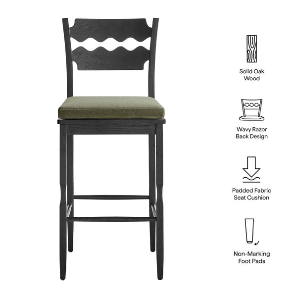 Modway Furniture Jax Solid Oak Vintage Bistro Barstool with Wavy Back and Cushioned Seat for Home Bar Black Sage EEI-7519-BLK-SGE