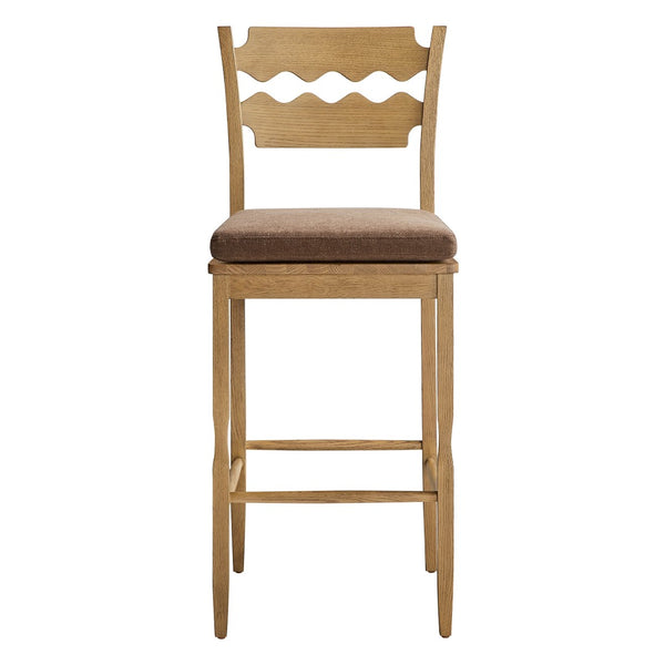 Modway Furniture Jax Solid Oak Vintage Bistro Barstool with Wavy Back and Cushioned Seat for Home Bar Weathered Oak Cocoa EEI-7519-WOA-COA