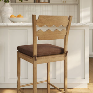 Modway Furniture Jax Solid Oak Vintage Bistro Barstool with Wavy Back and Cushioned Seat for Home Bar Weathered Oak Cocoa EEI-7519-WOA-COA