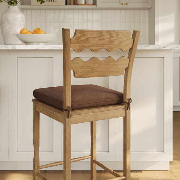 Modway Furniture Jax Solid Oak Vintage Bistro Barstool with Wavy Back and Cushioned Seat for Home Bar Weathered Oak Cocoa EEI-7519-WOA-COA