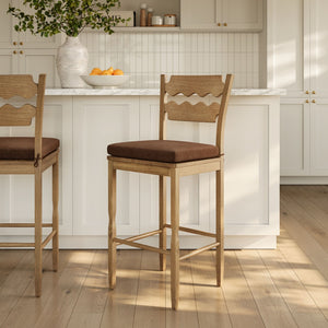Modway Furniture Jax Solid Oak Vintage Bistro Barstool with Wavy Back and Cushioned Seat for Home Bar Weathered Oak Cocoa EEI-7519-WOA-COA