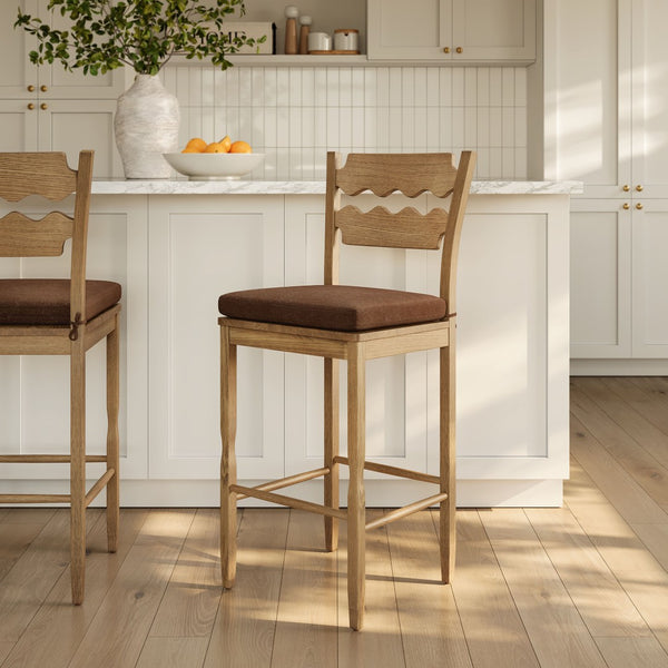 Modway Furniture Jax Solid Oak Vintage Bistro Barstool with Wavy Back and Cushioned Seat for Home Bar Weathered Oak Cocoa EEI-7519-WOA-COA