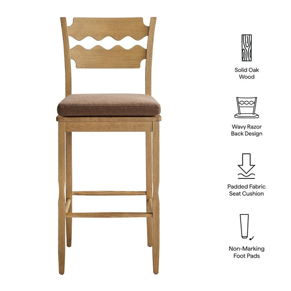 Modway Furniture Jax Solid Oak Vintage Bistro Barstool with Wavy Back and Cushioned Seat for Home Bar Weathered Oak Cocoa EEI-7519-WOA-COA