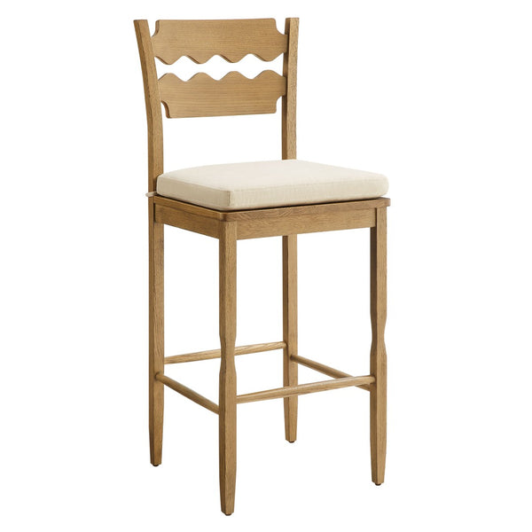 Modway Furniture Jax Solid Oak Vintage Bistro Barstool with Wavy Back and Cushioned Seat for Home Bar Weathered Oak Linen EEI-7519-WOA-LIN