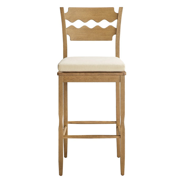 Modway Furniture Jax Solid Oak Vintage Bistro Barstool with Wavy Back and Cushioned Seat for Home Bar Weathered Oak Linen EEI-7519-WOA-LIN