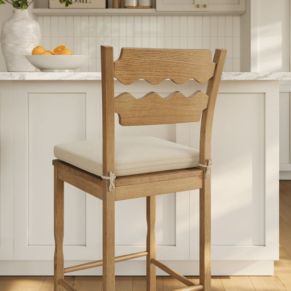 Modway Furniture Jax Solid Oak Vintage Bistro Barstool with Wavy Back and Cushioned Seat for Home Bar Weathered Oak Linen EEI-7519-WOA-LIN