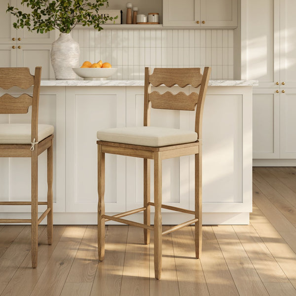 Modway Furniture Jax Solid Oak Vintage Bistro Barstool with Wavy Back and Cushioned Seat for Home Bar Weathered Oak Linen EEI-7519-WOA-LIN