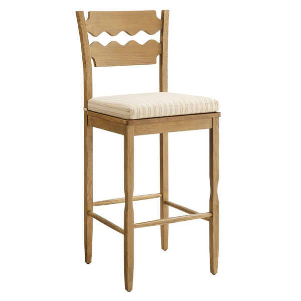 Modway Furniture Jax Solid Oak Vintage Bistro Barstool with Wavy Back and Cushioned Seat for Home Bar Weathered Oak Oatmeal Stripe EEI-7519-WOA-OAS