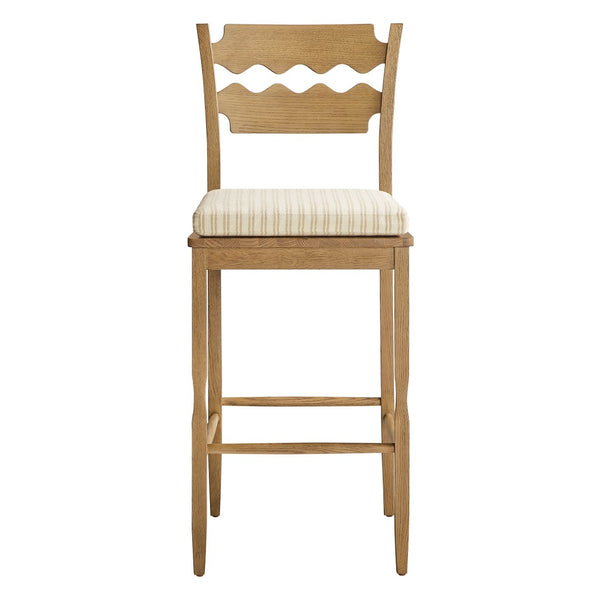 Modway Furniture Jax Solid Oak Vintage Bistro Barstool with Wavy Back and Cushioned Seat for Home Bar Weathered Oak Oatmeal Stripe EEI-7519-WOA-OAS