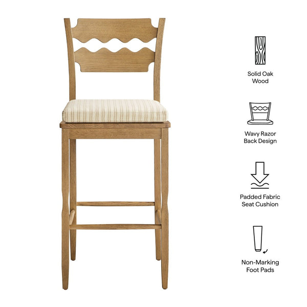 Modway Furniture Jax Solid Oak Vintage Bistro Barstool with Wavy Back and Cushioned Seat for Home Bar Weathered Oak Oatmeal Stripe EEI-7519-WOA-OAS