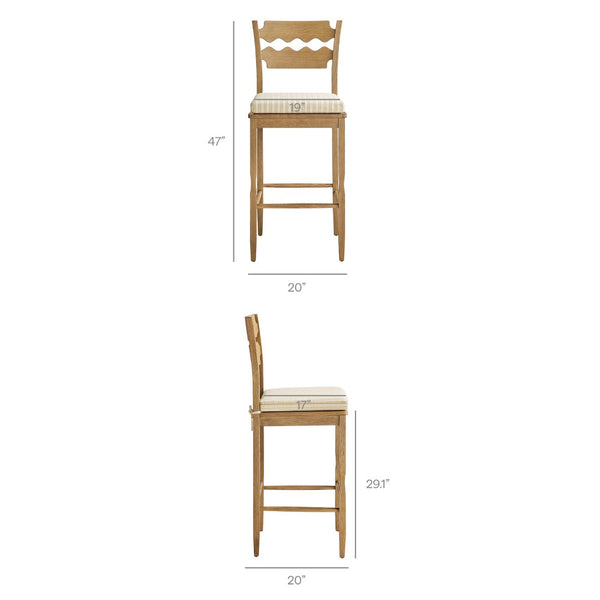 Modway Furniture Jax Solid Oak Vintage Bistro Barstool with Wavy Back and Cushioned Seat for Home Bar Weathered Oak Oatmeal Stripe EEI-7519-WOA-OAS