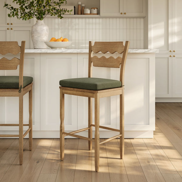Modway Furniture Jax Solid Oak Vintage Bistro Barstool with Wavy Back and Cushioned Seat for Home Bar Weathered Oak Sage EEI-7519-WOA-SGE
