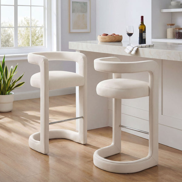 Modway Furniture Winslow Performance Velvet Bar Stools Sculpted Frame with Steel Footrest Set of 2 Alabaster EEI-7521-ALA