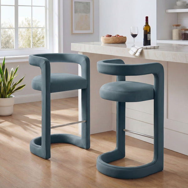 Modway Furniture Winslow Performance Velvet Bar Stools Sculpted Frame with Steel Footrest Set of 2 Cadet Blue EEI-7521-CAB