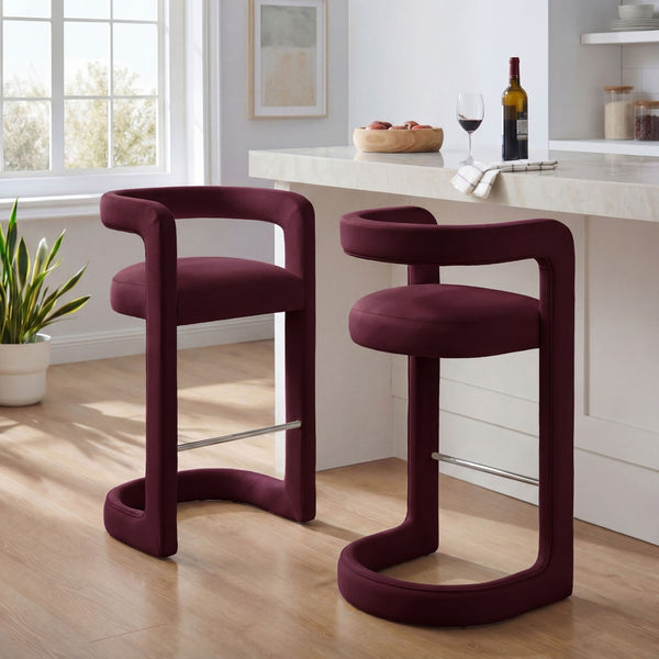 Modway Furniture Winslow Performance Velvet Bar Stools Sculpted Frame with Steel Footrest Set of 2 Mulberry EEI-7521-MUL