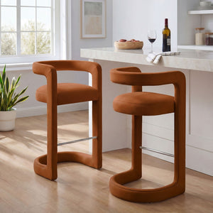 Modway Furniture Winslow Performance Velvet Bar Stools Sculpted Frame with Steel Footrest Set of 2 Rust EEI-7521-RUS
