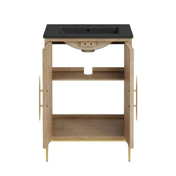 Modway Furniture Awaken 24 Inch Bathroom Vanity with Gold Hardware Solid Wood Modern Spa Cabinet Oak Black EEI-7526-OAK-BLK