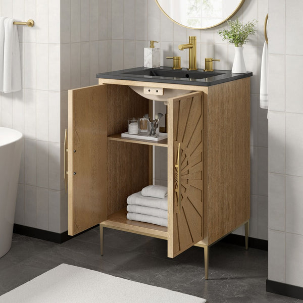 Modway Furniture Awaken 24 Inch Bathroom Vanity with Gold Hardware Solid Wood Modern Spa Cabinet Oak Black EEI-7526-OAK-BLK