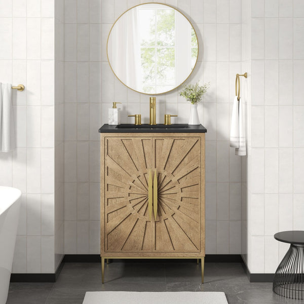 Modway Furniture Awaken 24 Inch Bathroom Vanity with Gold Hardware Solid Wood Modern Spa Cabinet Oak Black EEI-7526-OAK-BLK