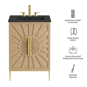 Modway Furniture Awaken 24 Inch Bathroom Vanity with Gold Hardware Solid Wood Modern Spa Cabinet Oak Black EEI-7526-OAK-BLK