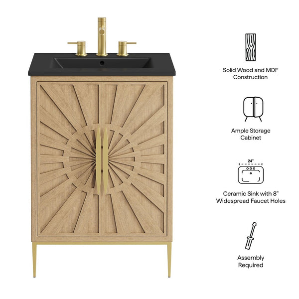 Modway Furniture Awaken 24 Inch Bathroom Vanity with Gold Hardware Solid Wood Modern Spa Cabinet Oak Black EEI-7526-OAK-BLK