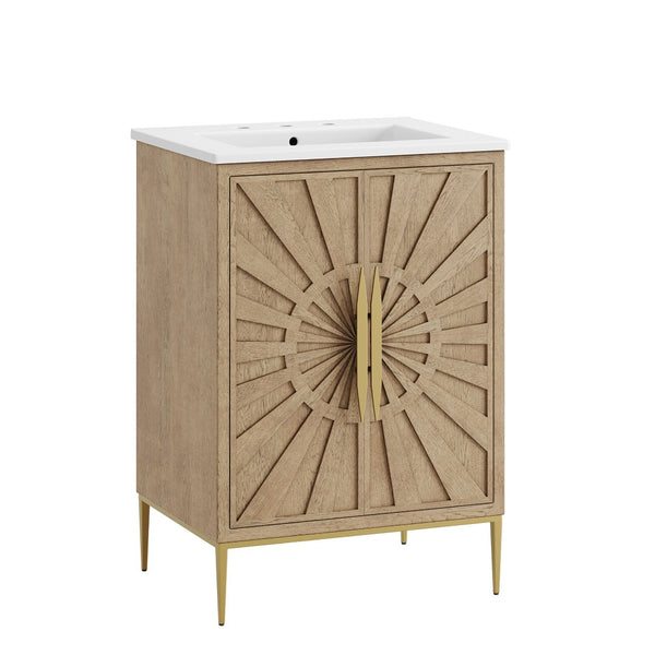 Modway Furniture Awaken 24 Inch Bathroom Vanity with Gold Hardware Solid Wood Modern Spa Cabinet Oak White EEI-7526-OAK-WHI