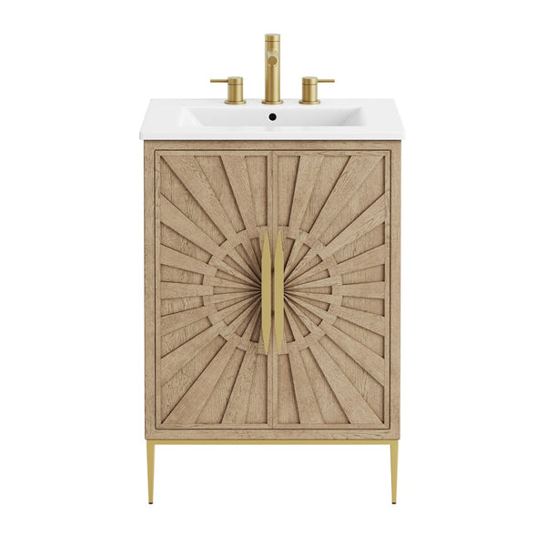 Modway Furniture Awaken 24 Inch Bathroom Vanity with Gold Hardware Solid Wood Modern Spa Cabinet Oak White EEI-7526-OAK-WHI
