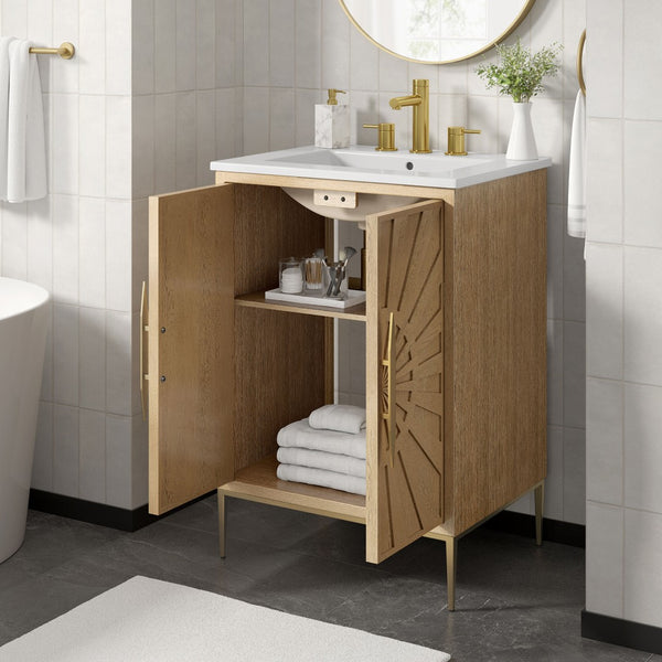 Modway Furniture Awaken 24 Inch Bathroom Vanity with Gold Hardware Solid Wood Modern Spa Cabinet Oak White EEI-7526-OAK-WHI