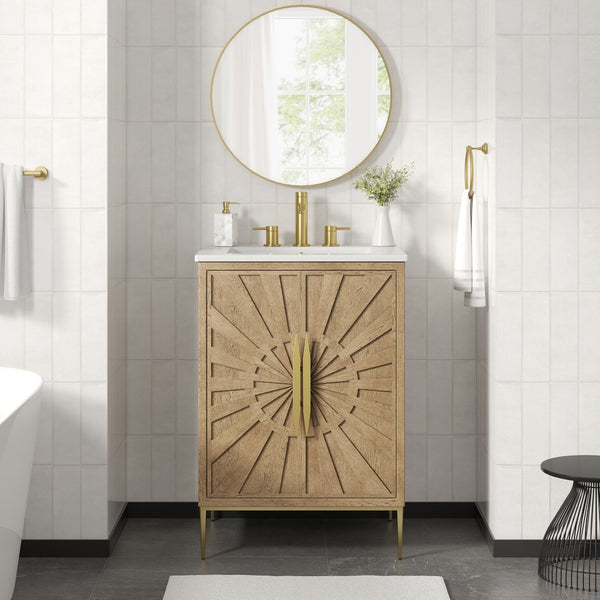 Modway Furniture Awaken 24 Inch Bathroom Vanity with Gold Hardware Solid Wood Modern Spa Cabinet Oak White EEI-7526-OAK-WHI
