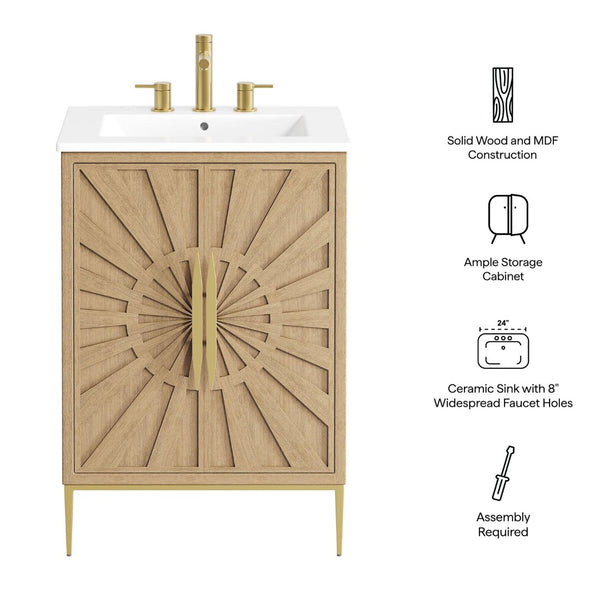 Modway Furniture Awaken 24 Inch Bathroom Vanity with Gold Hardware Solid Wood Modern Spa Cabinet Oak White EEI-7526-OAK-WHI
