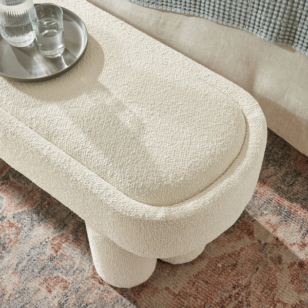 Modway Furniture Mossi Oval Boucle Upholstered Bench with Sculptural Clover Base for Bedroom or Entryway Cream EEI-7531-CRE