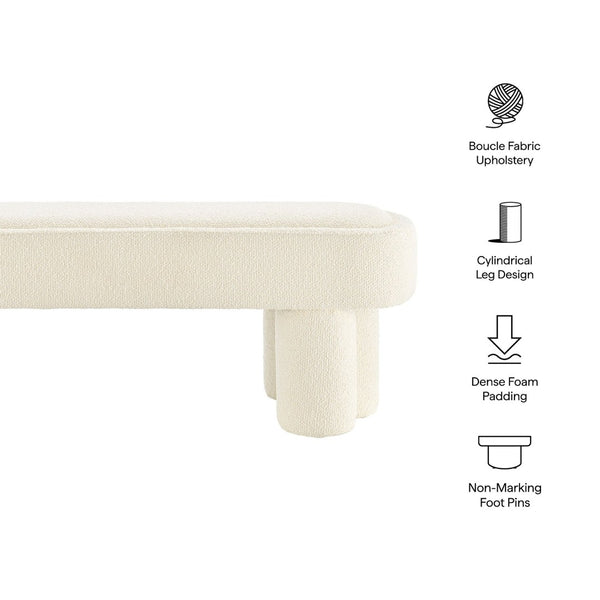 Modway Furniture Mossi Oval Boucle Upholstered Bench with Sculptural Clover Base for Bedroom or Entryway Cream EEI-7531-CRE