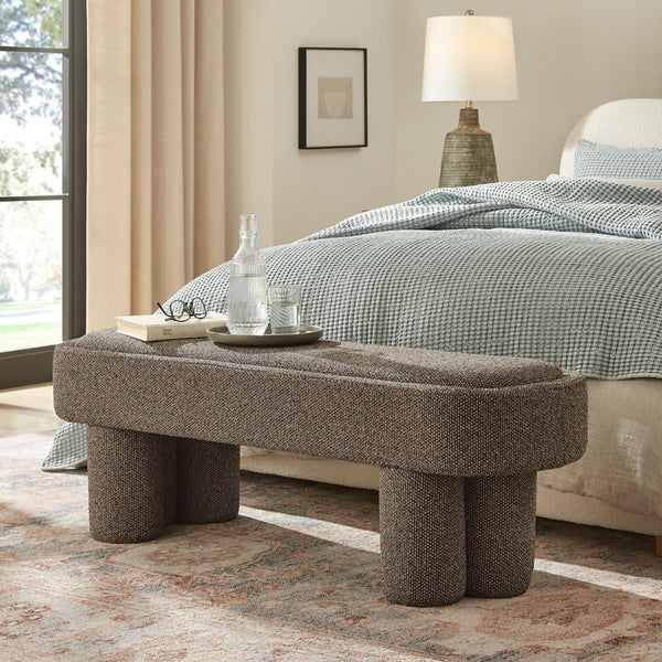 Modway Furniture Mossi Oval Boucle Upholstered Bench with Sculptural Clover Base for Bedroom or Entryway Earth EEI-7531-ETH