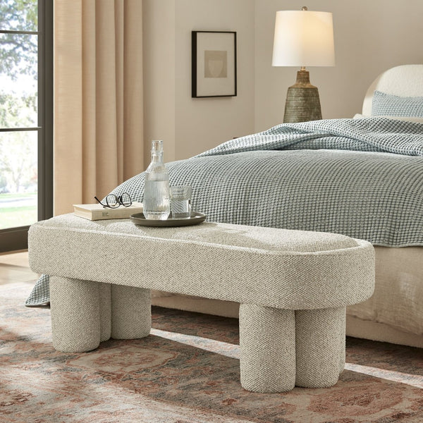 Modway Furniture Mossi Oval Boucle Upholstered Bench with Sculptural Clover Base for Bedroom or Entryway Marble EEI-7531-MRB