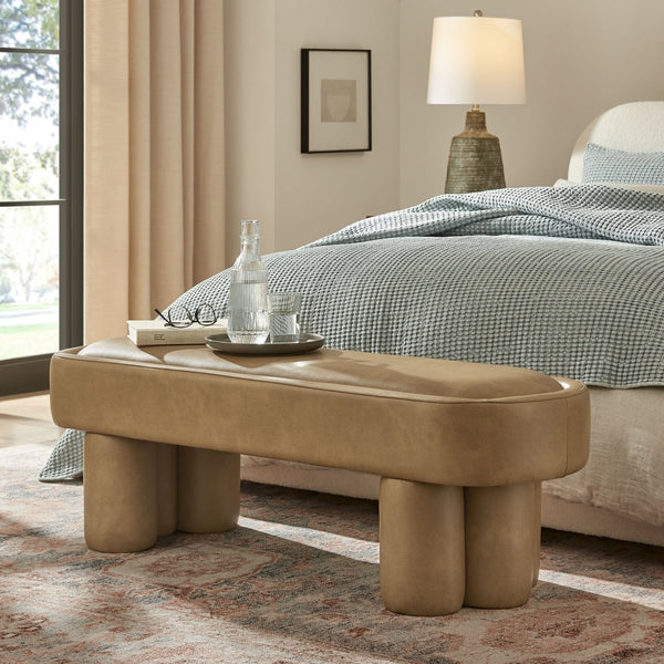 Modway Furniture Mossi Oval Vegan Leather Upholstered Bench Sculptural Base for Bedroom or Entryway Toast EEI-7532-TST
