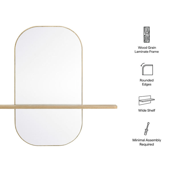 Modway Furniture Solstice Large Oval Wall Mirror with Integrated Shelf for Stylish Entryway or Living Room Decor Oak EEI-7533-OAK