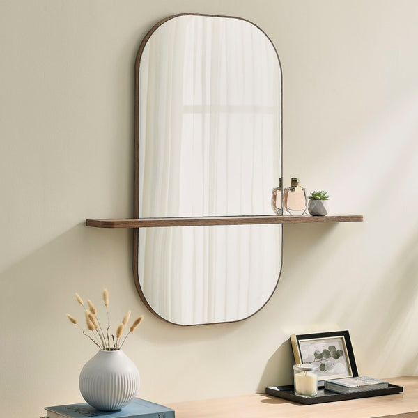 Modway Furniture Solstice Large Oval Wall Mirror with Integrated Shelf for Stylish Entryway or Living Room Decor Walnut EEI-7533-WAL